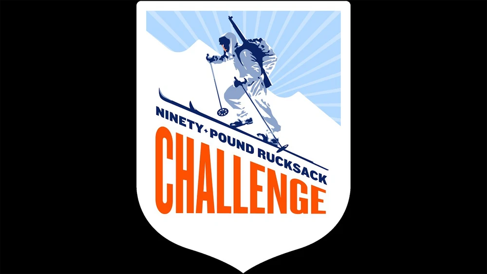 logo for the ninety pound rucksack challenge featuring a skier with a ruck and rifle drawn in an illustrative style